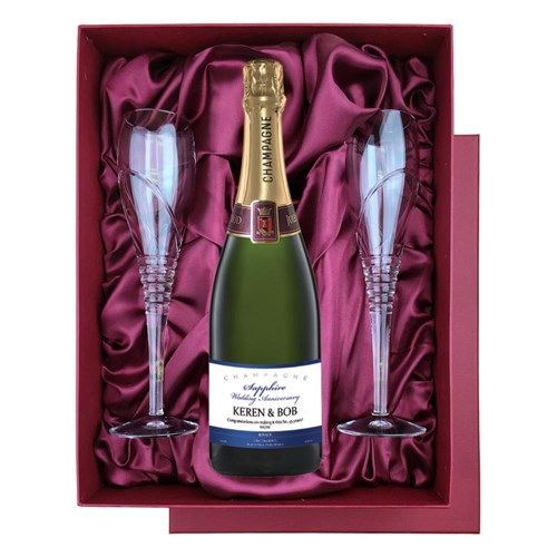 Personalised Champagne - Sapphire Anniversary Label in Red Luxury Presentation Set With Flutes